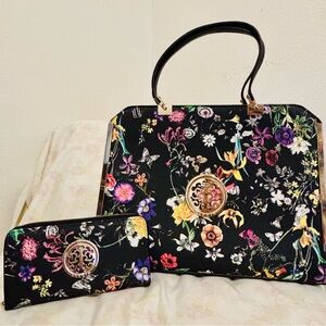 Floral Black Tote and Clutch Set